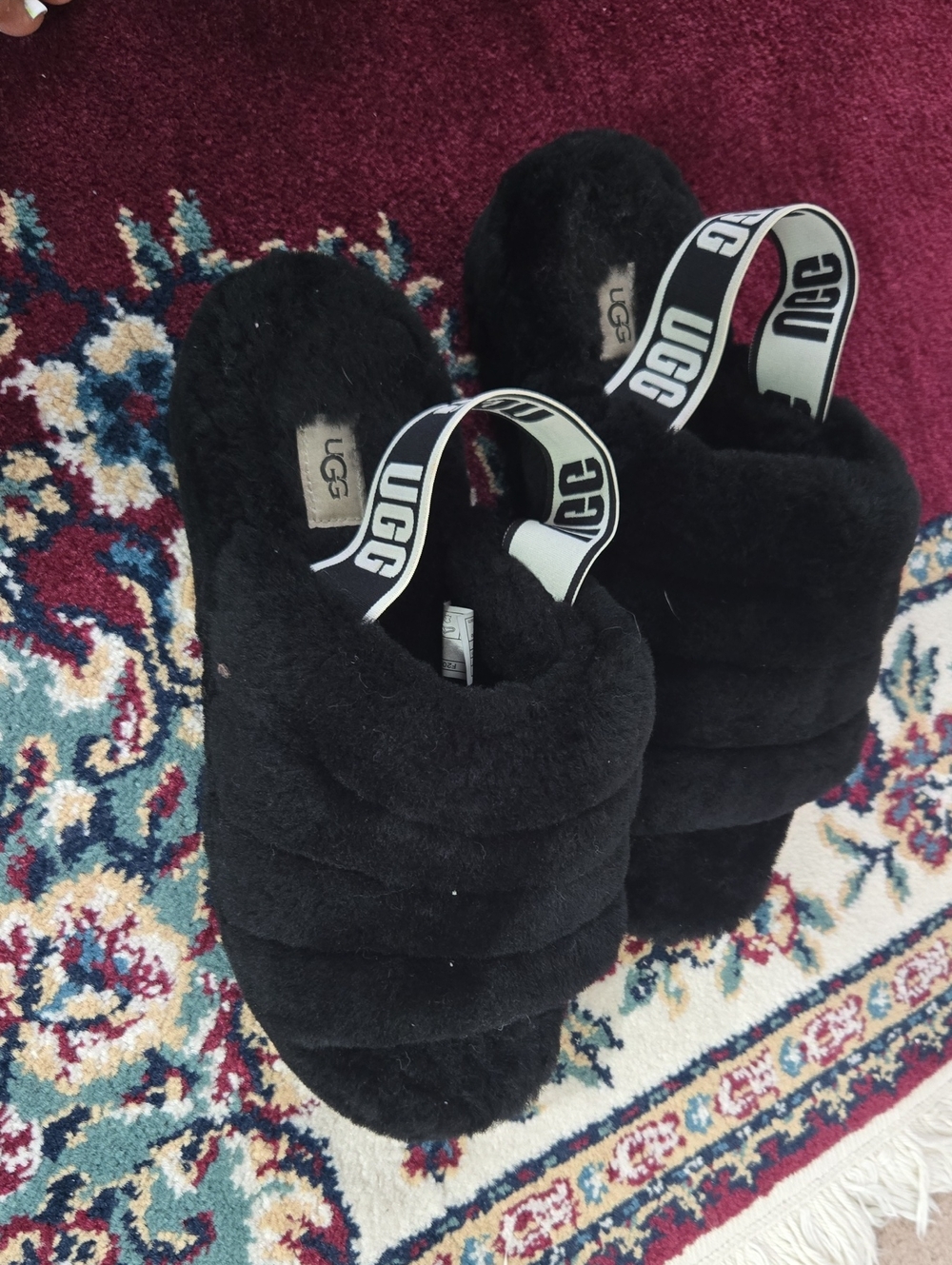 UGG Black Fuzz Yeah Slide Sandals with Branded Strap